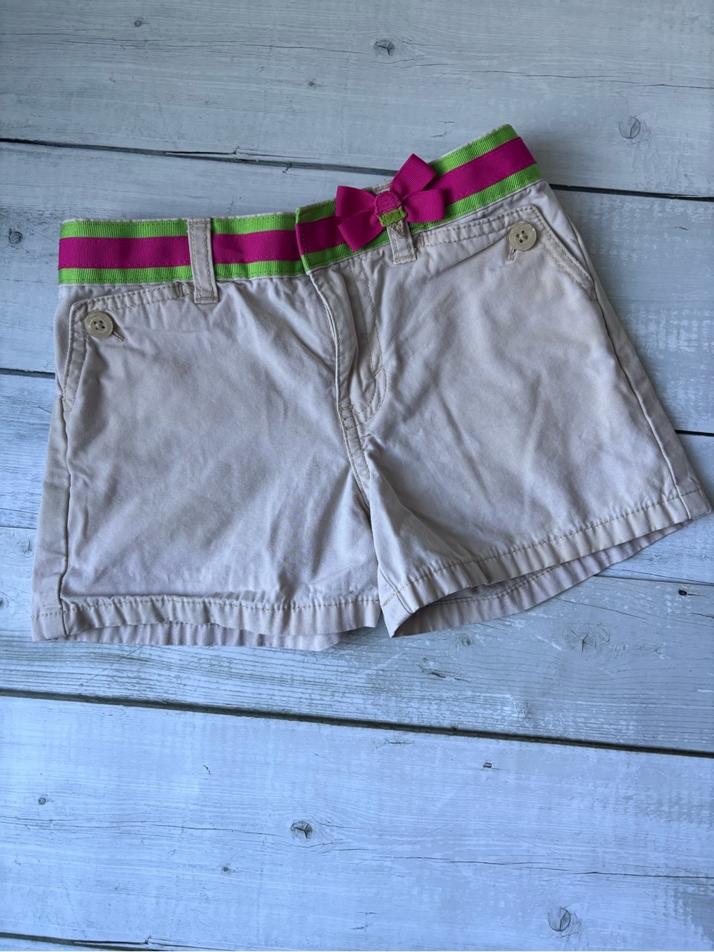 5/$25 Gymboree Cream Shorts with Pink & Green Striped Bow Belt